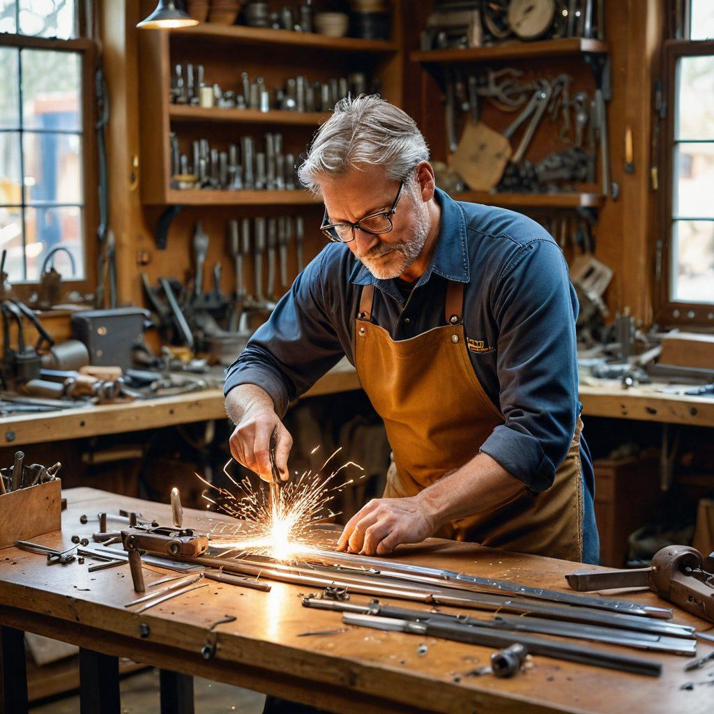 A craftsman joyfully working with steel, shaping intricate designs with sparks flying, surrounded by tools and a warm, inviting workshop atmosphere. Bright sunlight filters through an open window, illuminating the scene with a golden hue. Include elements of creativity like blueprints and colorful materials scattered around. super-realistic. vibrant colors. warm lighting.
