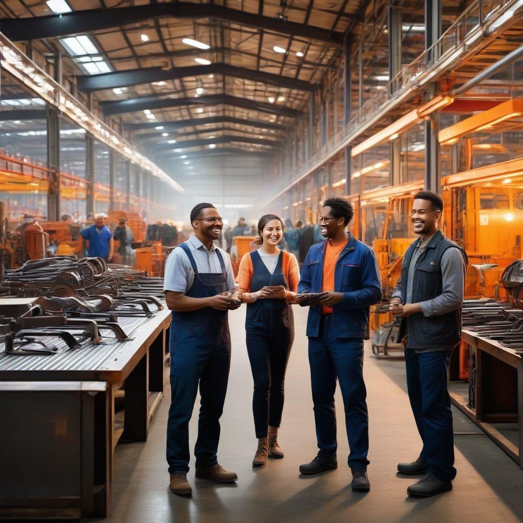 A diverse group of people joyfully exploring a vast array of high-quality steel products, showcasing tools, structures, and art pieces in a bright, modern warehouse environment. Include smiles, interactions, and a sense of community as they discuss their favorite products. Warm lighting and vibrant colors to enhance the sense of satisfaction and happiness. super-realistic. vibrant colors. industrial theme.